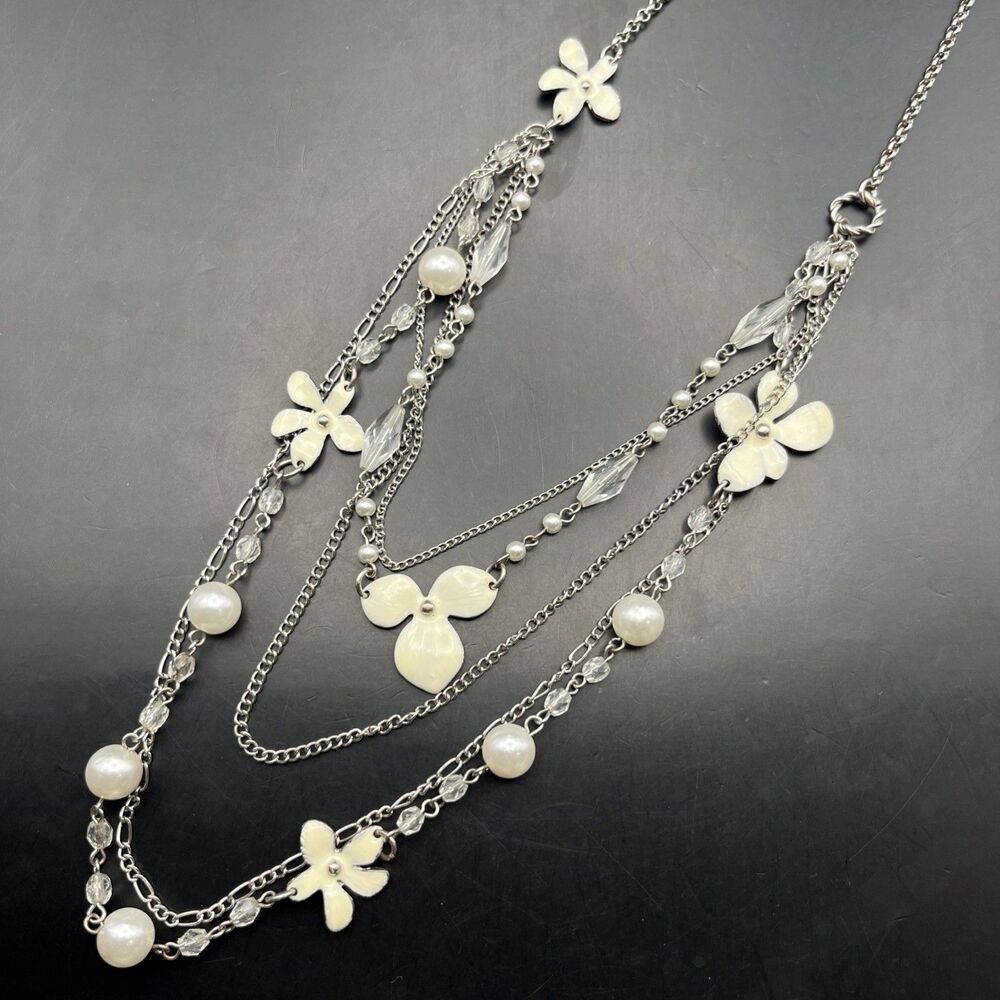 Long Layered Flower Statement Necklace Silver Tone Cream Enamel Faux Pearl Bead